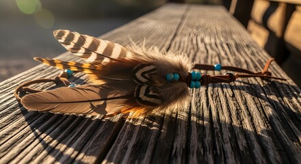 Close-up of a feather headband resting on a weathered wooden bench, golden-hour light.