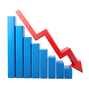 Visualizing declining trends bar chart with downward arrow showing economic downturn transparent background