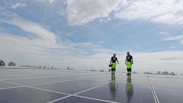 Two technicians carefully install solar panels on a rooftop in an urban location. They check the alignment and fix the panels to ensure optimal performance in bright sunlight.