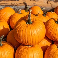 A close-up view of many vibrant orange pumpkins, stacked and arranged tightly together, displaying their intricate ribbed surfaces and stems.