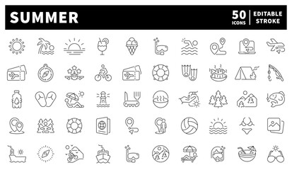 Summer. Summer vector icons collection. Summer, sun, ice cream, beach items, sunglasses, and warm weather. Set of 50 linear icons related to summer