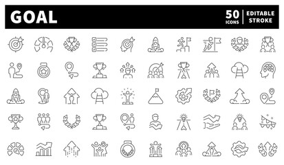 Goal outline icons set. Set of 50 goal icons. Achievements, goals, growth and personal development symbols.
