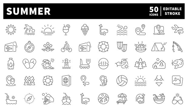 Summer. Summer vector icons collection. Summer, sun, ice cream, beach items, sunglasses, and warm weather. Set of 50 linear icons related to summer