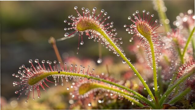 Macro view of Drosera sundew plant tentacles sparkling with sticky dew like tiny galaxies