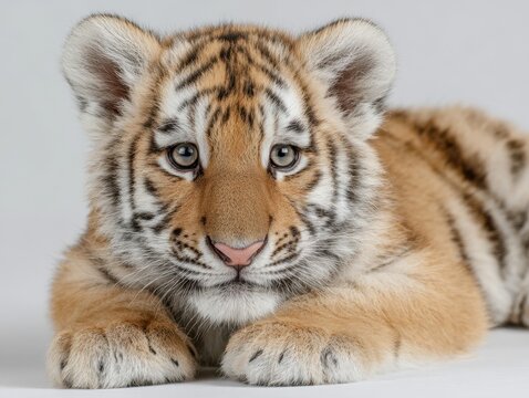 Cute tiger cub lying on a white surface with curious eyes and soft fur in a studio setting