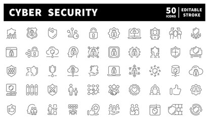 Cyber security vector icons. Set of 50 cyber security line icons. Cyber security, protection, shields, passwords, and surveillance set of 50 linear icons.