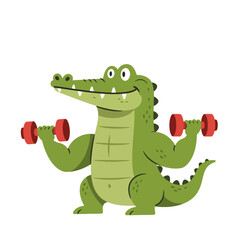 Fototapeta premium Energetic alligator flexing muscles while lifting red dumbbells, showcasing strength and a fun fitness journey, perfect for sports and healthy lifestyle campaigns