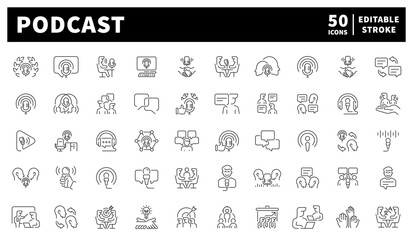 Podcast. Podcast, vector icons. Podcast, microphones, soundwaves, headphones, and media tools illustrated in minimalistic linear style
