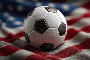 Soccer ball resting on an American flag showcasing sports culture and patriotism in a vibrant setting