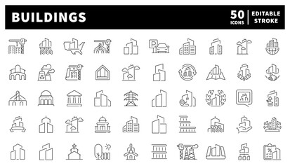 Buildings vector icons. Homes, apartments, offices, public buildings, and skyscrapers rendered in elegant linear structure