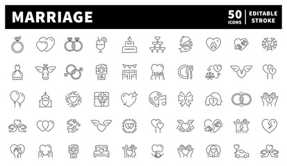 Marriage. Marriage vector icons. Set of 50 linear icons for marriage and love. Rings, couples, wedding cakes, hearts, and romantic symbols drawn with elegant linework.