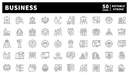 Business. Business vector icons. Set of 50 linear icons for business. Finance, strategy, meeting, graphs, and growth concepts designed in professional minimalism