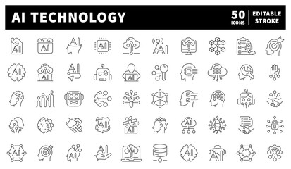 Robots, neural networks, brains, circuits, and futuristic tech shown in high-tech line art. Cutting-edge collection of 50 linear icons for artificial intelligence themes.