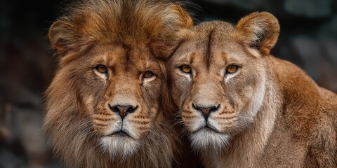 Two lions share an intimate moment in their natural habitat during the golden hour of sunset, showcasing their majestic features