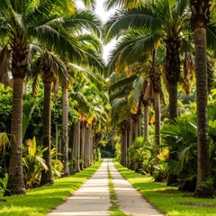 Obraz premium A sun-drenched pathway lined with tall, lush palm trees leads through a vibrant tropical garden.