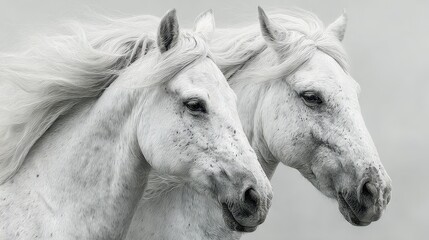Two majestic white horses standing side by side against a softly blurred background in a tranquil setting