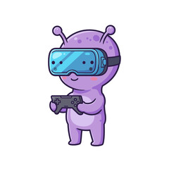 Adorable alien character immersed in virtual reality gaming, wearing VR headset and holding a gamepad, enjoying futuristic entertainment experience