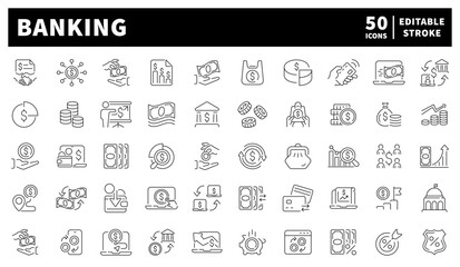 Banking. Banking vector icons set. Set of 50 banking icons. Money, banks, safes, cards, ATM, and financial security tools designed in reliable linear style