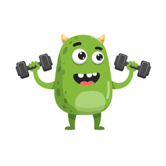 Smiling, strong cartoon monster enthusiastically lifting weights, perfect for kids' fitness, playful branding, and health-related content creation to boost engagement