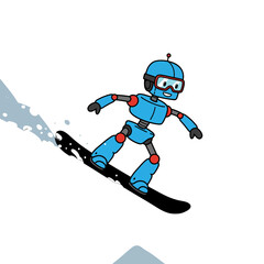 Cheerful blue robot snowboarding down a snowy slope, enjoying winter sports and outdoor activities with a sense of fun and adventure