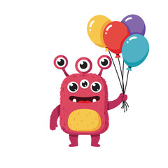 Playful cartoon monster with vibrant balloons celebrates joy and happiness, perfect for children's party decorations and cheerful illustrations, bringing smiles