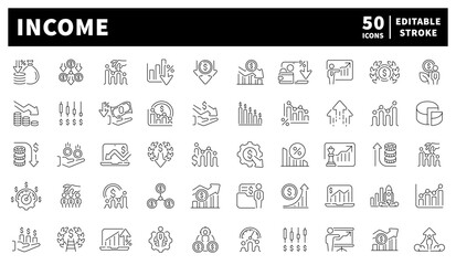 Income vector icons set. Set of 50 outline income icons. Charts, arrows, coins, graphs, and fluctuations illustrated in analytical linear visuals