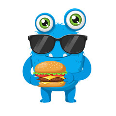 Cool blue monster wearing sunglasses, holding a delicious burger, perfect for fun food-themed designs and creative projects, ideal for kids and playful brands