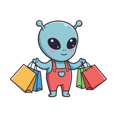 Adorable cartoon alien character enjoying a shopping spree with colorful bags, perfect for fun retail, marketing, and playful design concepts