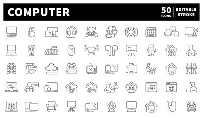 Computer. Computer vector icons collection. Set of 50 linear icons about computer devices and computers. Hardware, monitors, laptops, CPU