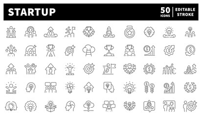 Start Up. Start Up vector icons collection. Set of 50 linear icons related to start up. Rocket launches, ideas, lightbulbs, innovation symbols, and business seeds drawn with ambition