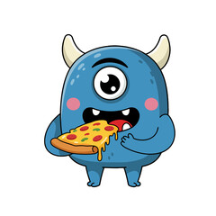 Delightful blue monster with one eye happily devouring a delicious slice of pizza, perfect for children's designs, food blogs, and playful illustrations