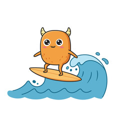 Cute cartoon monster surfing a wave, enjoying summer fun, perfect for children's designs, vibrant and playful artwork for cheerful, friendly, and creative projects