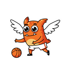 Playful orange monster with wings dribbles a basketball, perfect for children's sports, educational content, and playful brand design.