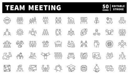 Meeting. Team meeting vector icons set. Set of 50 linear icons for teamwork and meetings. Colleagues, brainstorming sessions
