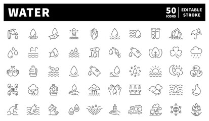 Water vector icons. Set of 50 linear icons related to water. Water drops, waves, bottles, and hydration tools depicted in a clean liquid-based style