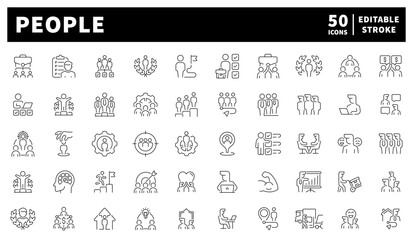 People. People vector icons. Set of 50 linear icons related to people. Humans, faces, professions, and personal avatars reflecting diverse characters