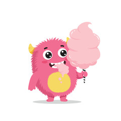 Adorable pink monster joyfully eating cotton candy, perfect for children's books, playful branding, and whimsical design projects that spark happiness and sweet fun
