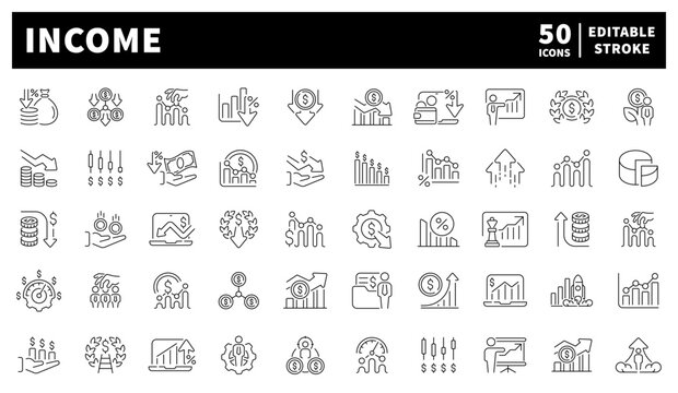 Income vector icons set. Set of 50 outline income icons. Charts, arrows, coins, graphs, and fluctuations illustrated in analytical linear visuals