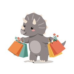 Adorable cartoon triceratops dinosaur happily carrying colorful shopping bags filled with vibrant flowers, perfect for kids' themes and joyful retail promotions.