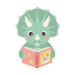 Charming green triceratops character engrossed in reading a colorful storybook, fostering imagination and learning for young audiences
