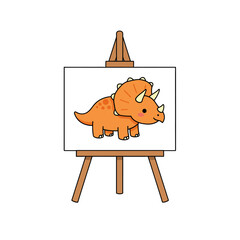 Charming illustrated triceratops artwork displayed on a rustic wooden easel, perfect for educational materials, children's books, and creative projects evoking joy and wonder.