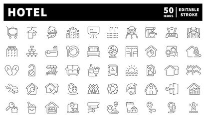 Hotel. Hotel vector icons set. Set of 50 linear hotel icons. Hotel services, room features, amenities, and booking icons clean 50-icon linear set