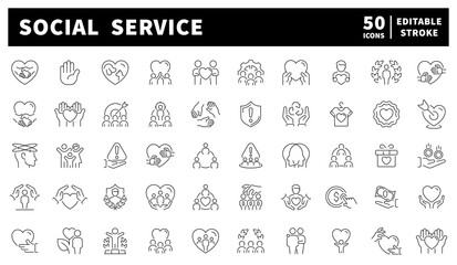 Social service vector icons collection. Set of 50 linear icons related to social service. Social service, helping hands, donations, community care, and volunteer support