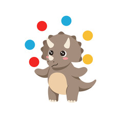 Adorable triceratops dinosaur happily juggling colorful balls with a playful expression, perfect for children's books and vibrant designs