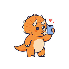 Adorable cartoon triceratops dinosaur taking a selfie with hearts, capturing a fun, playful moment that's perfect for engaging content and social media.