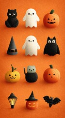 Colorful Halloween decorations with pumpkins, ghosts, and black cats on a vibrant orange background