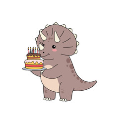 Joyful Triceratops character celebrating a birthday with a tiered cake adorned with candles, perfect for children's parties and festive occasions.
