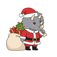 Adorable Triceratops dinosaur dressed as Santa Claus carrying a sack full of festive presents, perfect for charming holiday promotions and joyful Christmas designs