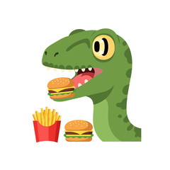 Joyful cartoon raptor happily enjoying a delicious burger and fries, perfect for playful food-themed designs and children's content