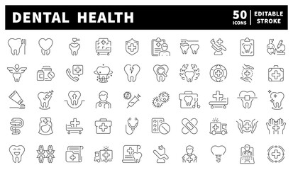 Dentistry. Dental health vector icons collection. Set of 50 linear icons related to dental health. Teeth, toothbrushes, dental checkups, and oral hygiene